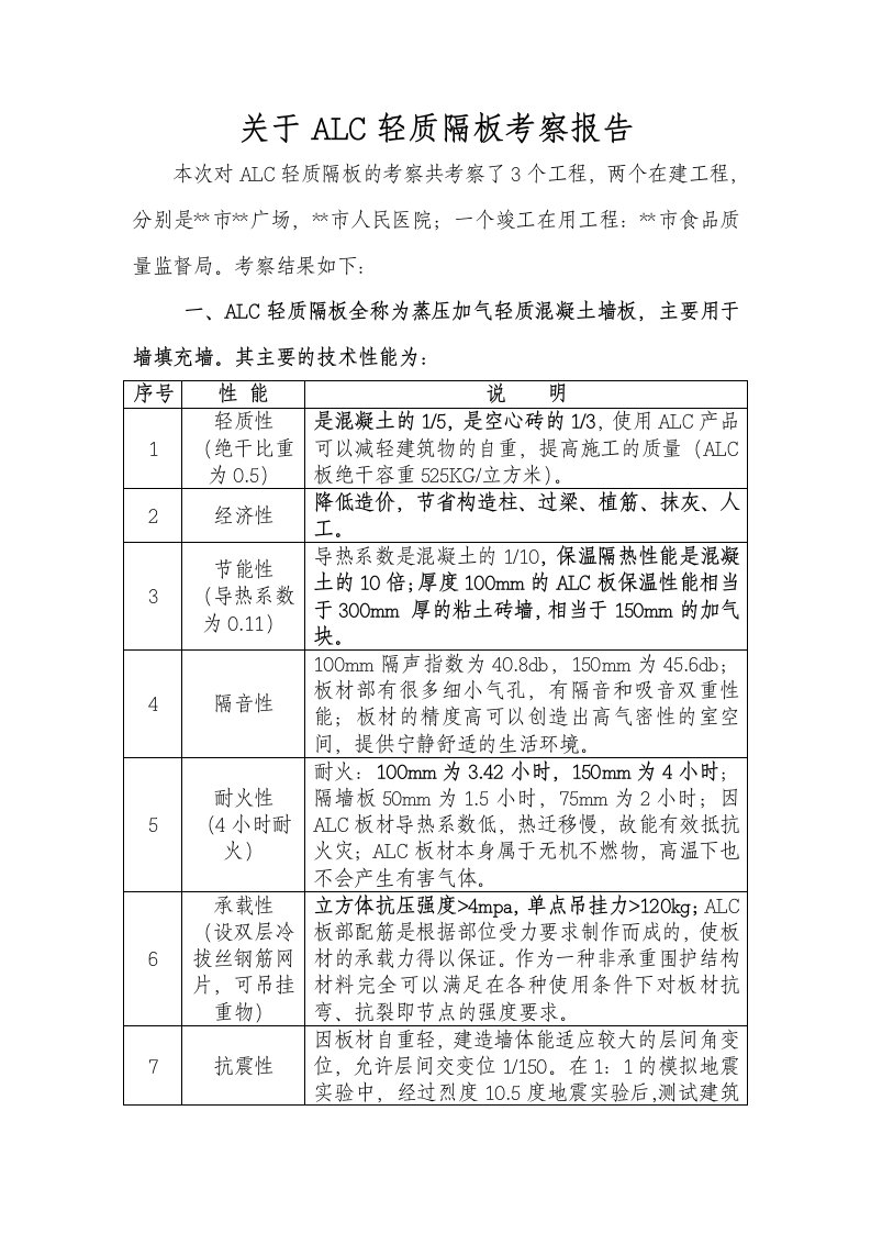 ALC轻隔板隔墙考查报告材料