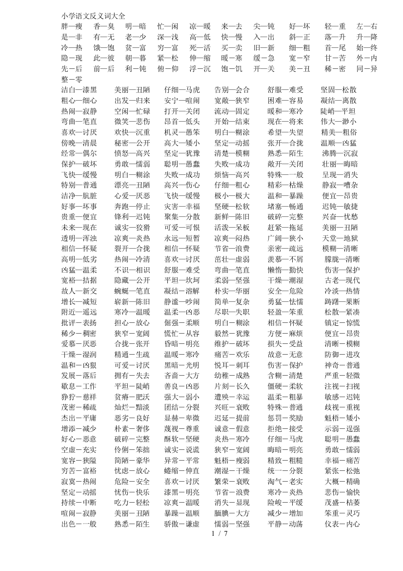 小学教育语文实用近反义词大全