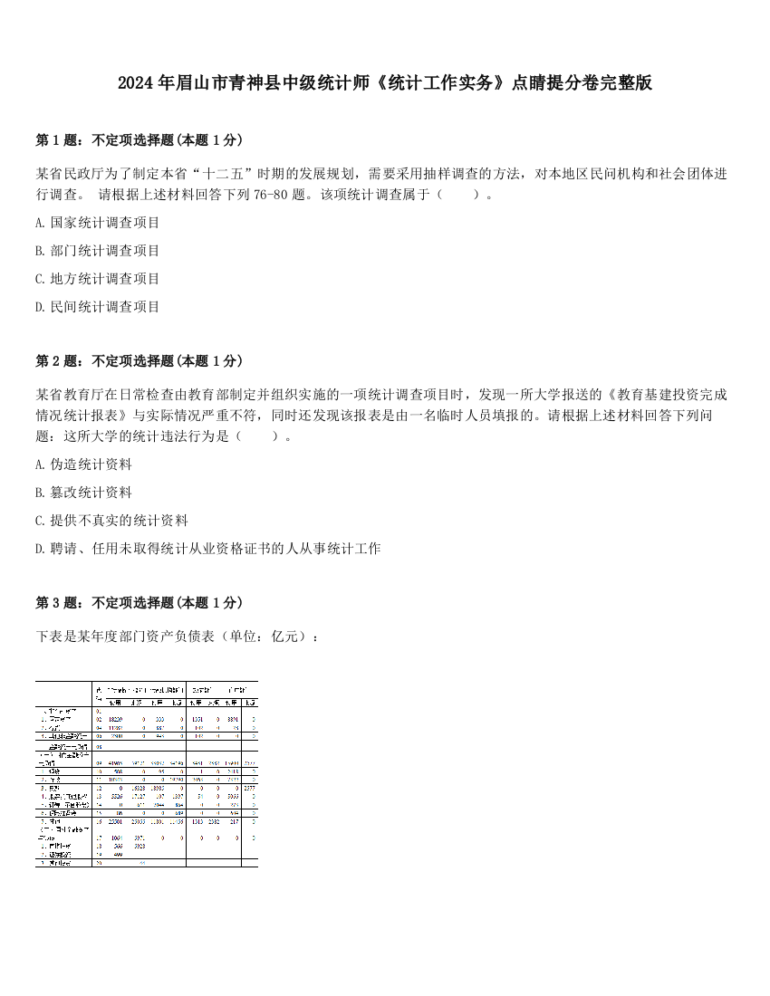 2024年眉山市青神县中级统计师《统计工作实务》点睛提分卷完整版