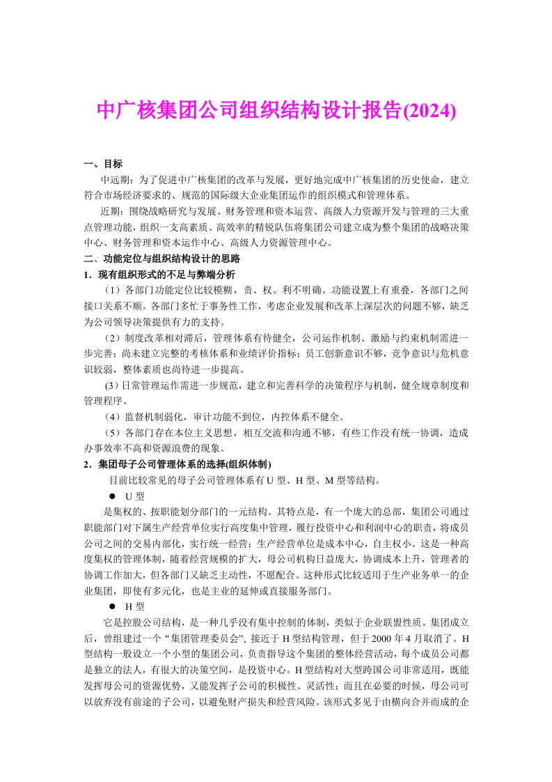 核集公司组织结构设计报告