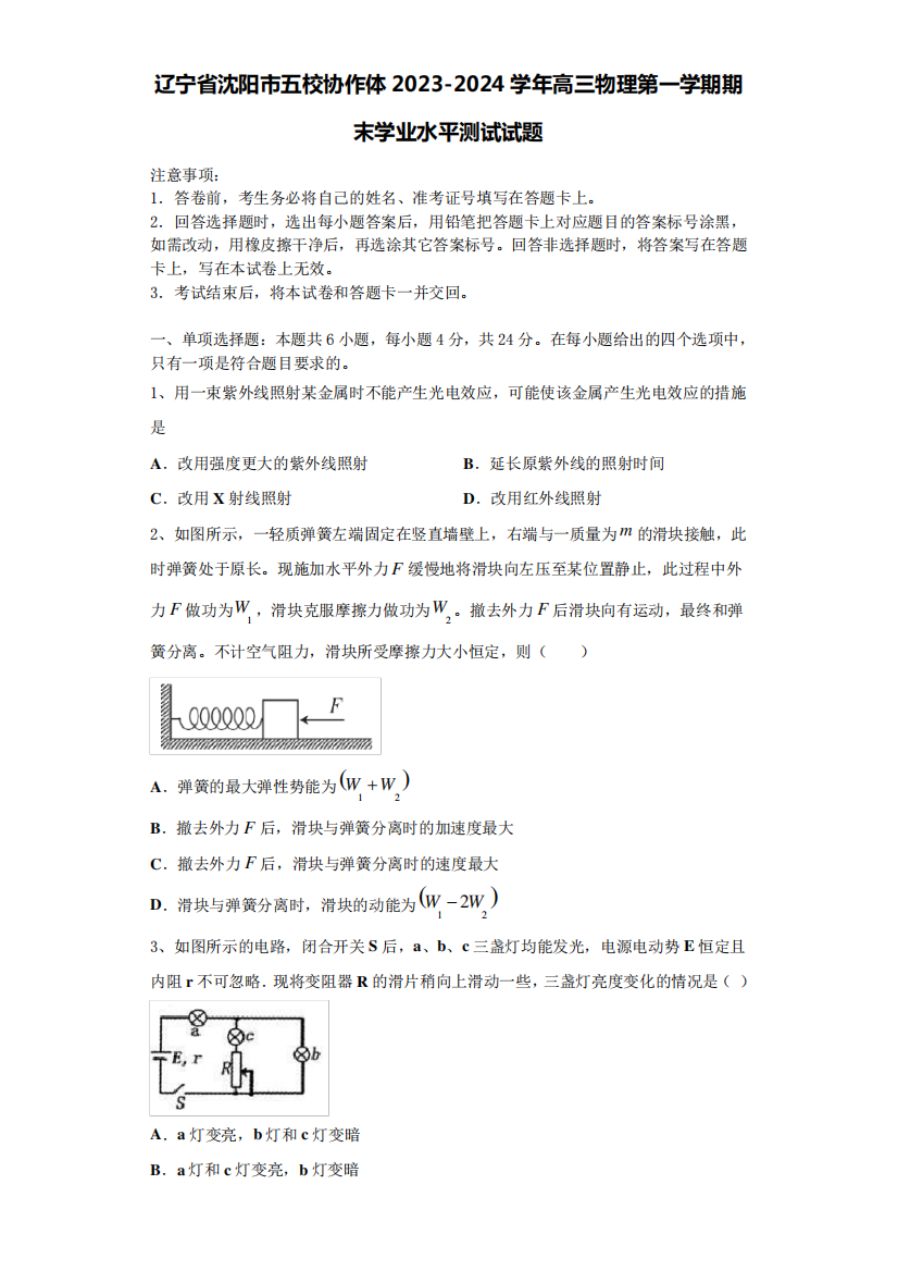 辽宁省沈阳市五校协作体2023-2024学年高三物理第一学期期末学业水平测