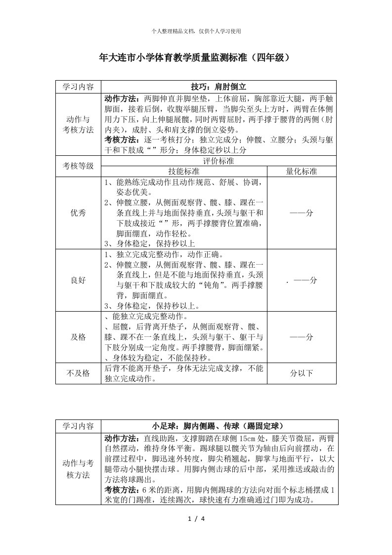 年大连市小学体育教学质量监测标准