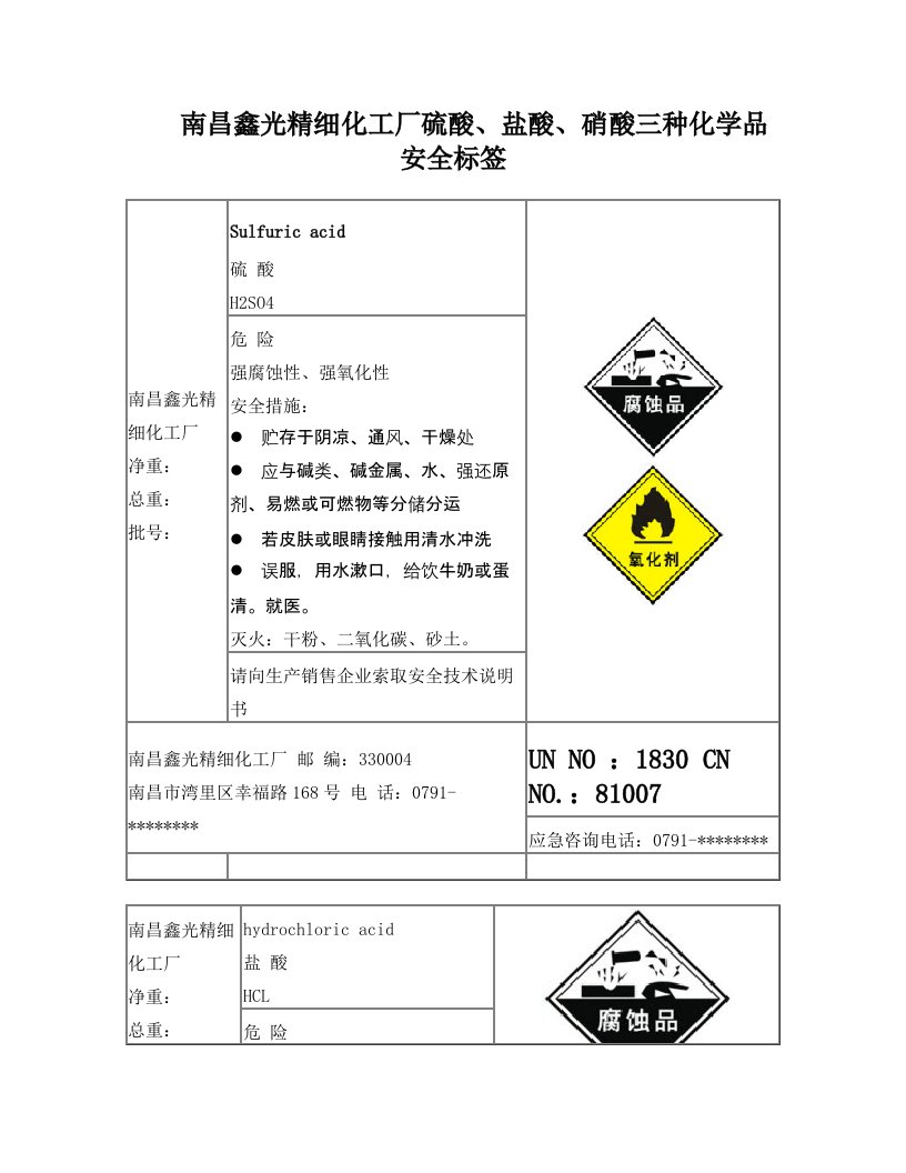 硫酸盐酸硝酸安全标签