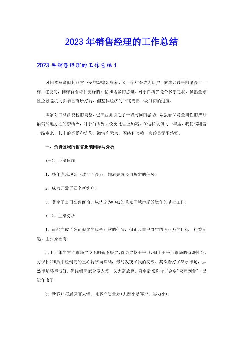 2023年销售经理的工作总结