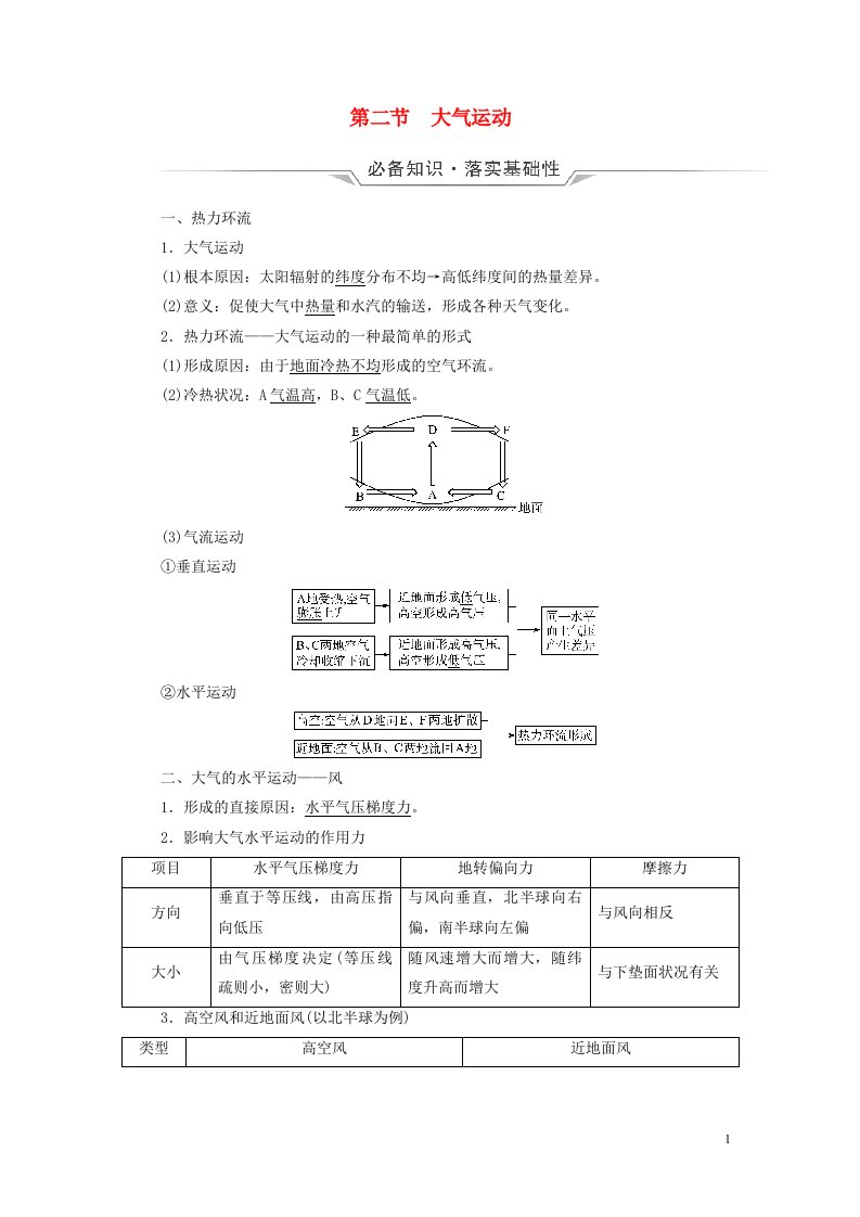 2023版高考地理一轮总复习第2章地球上的大气第2节大气运动教师用书