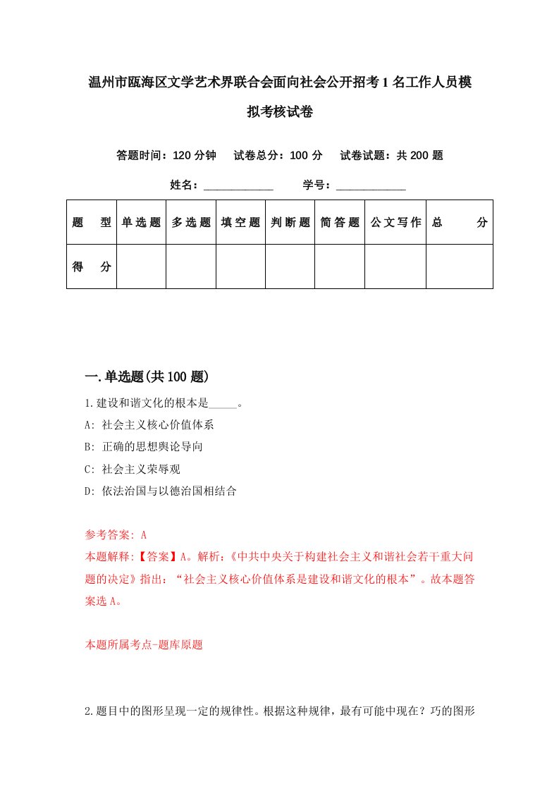 温州市瓯海区文学艺术界联合会面向社会公开招考1名工作人员模拟考核试卷1