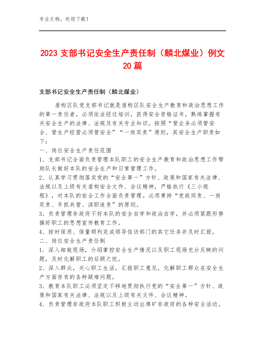 2023支部书记安全生产责任制（麟北煤业）例文20篇