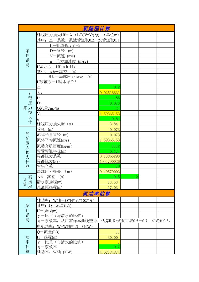 渣浆泵扬程功率计算