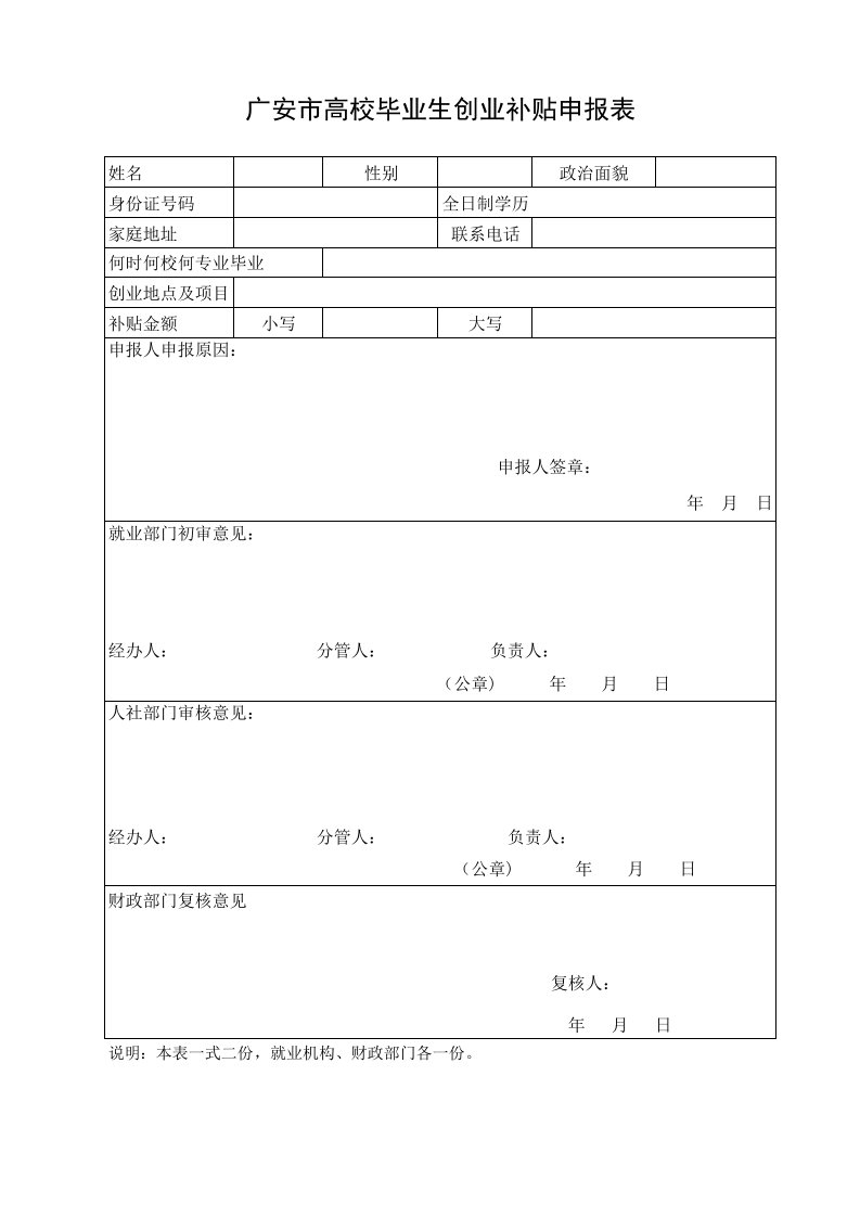 创业补贴申报表9