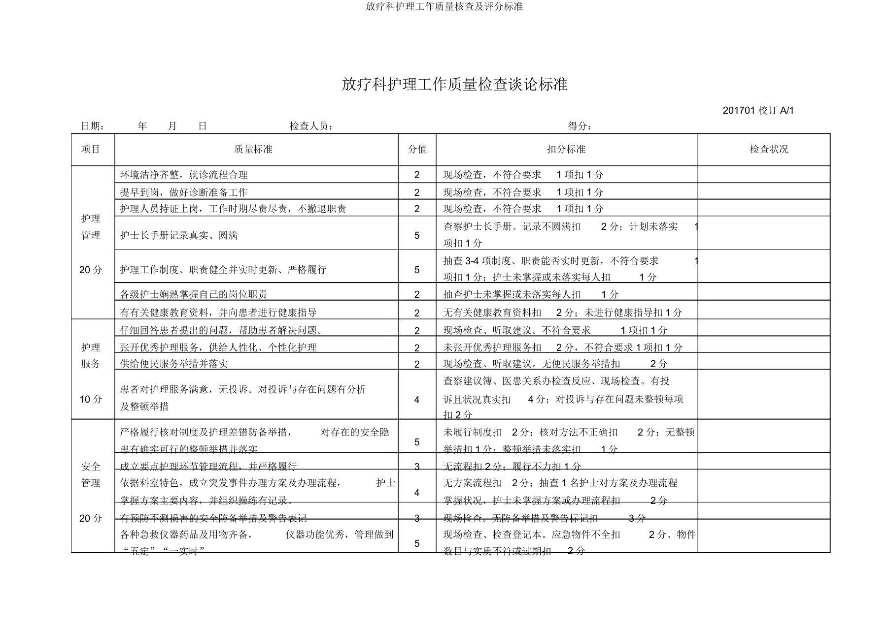 放疗科护理工作质量考核评分标准