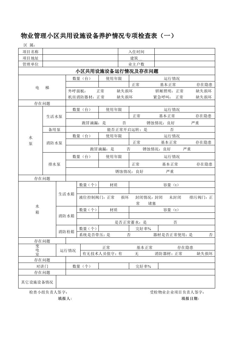 物业管理小区共用设施设备养护情况专项检查表一