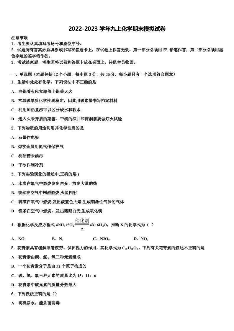 2022-2023学年山东省武城县九年级化学第一学期期末经典试题含解析