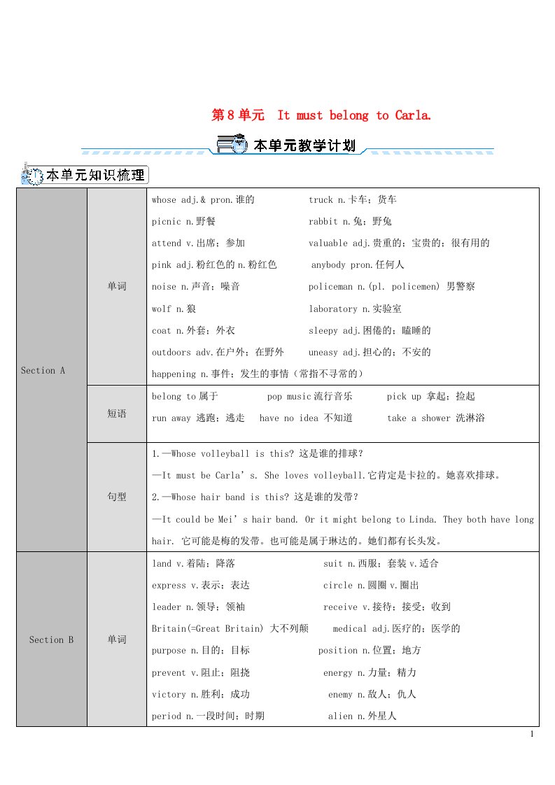 2023九年级英语全册Unit8ItmustbelongtoCarlaSectionA第1课时导学案新版人教新目标版