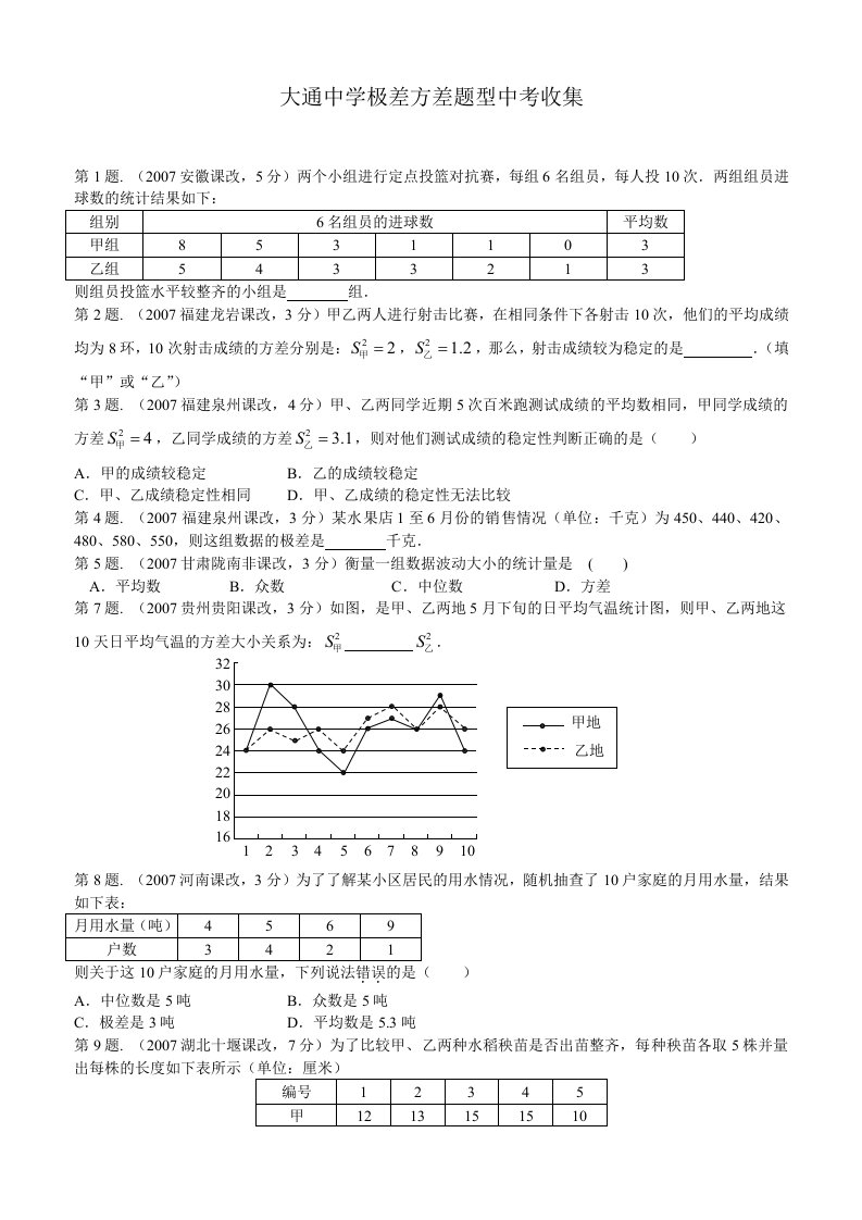 南充市大通中学极差、方差、中考题型收集