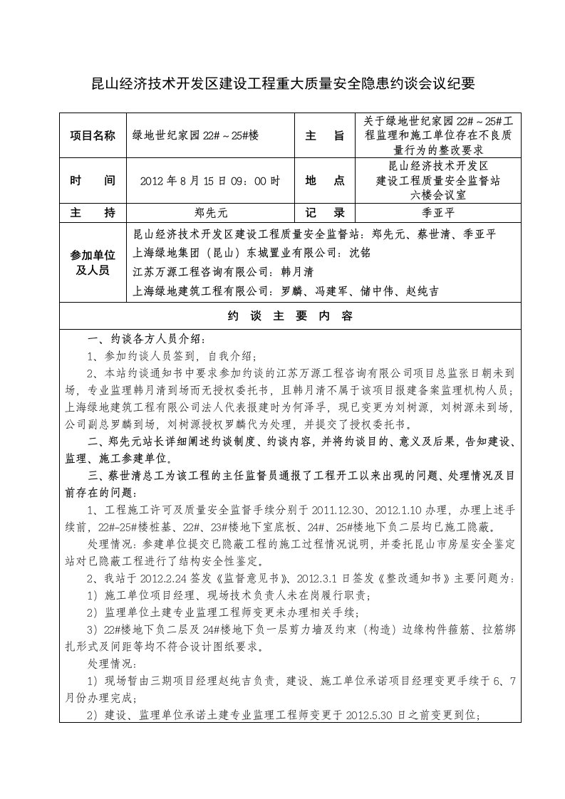 昆山经济技术开发区建设工程重大质量安全隐患约谈会议纪要