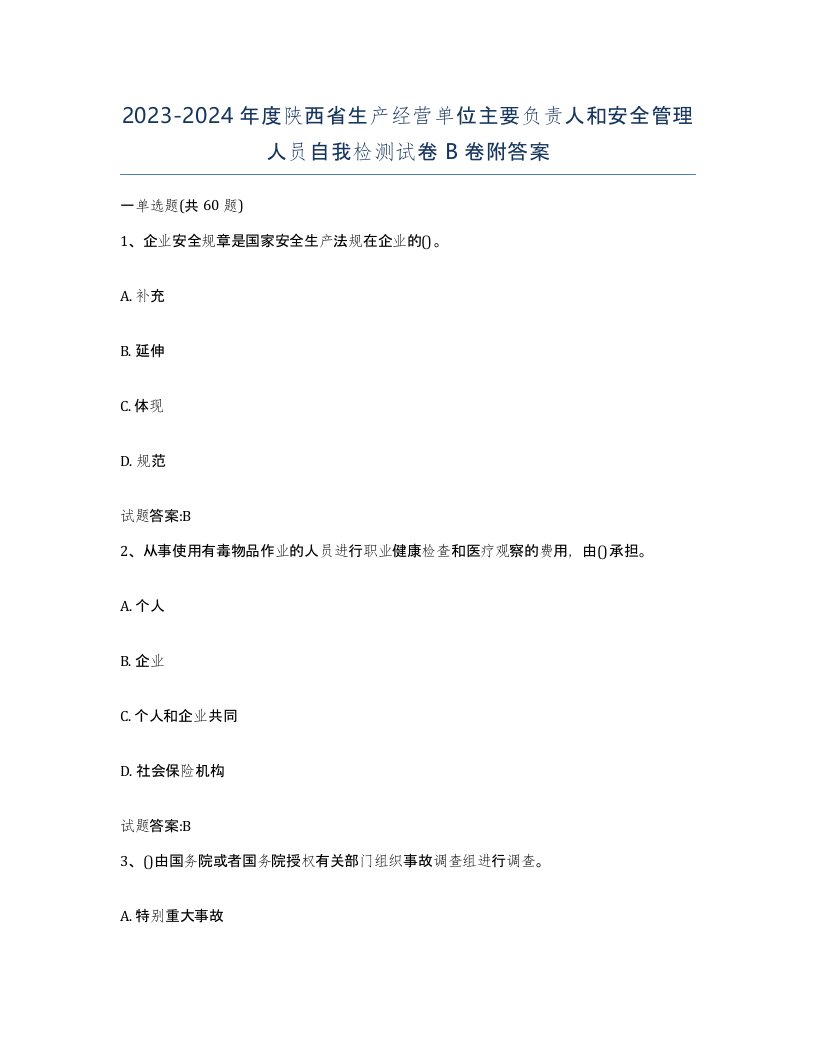 20232024年度陕西省生产经营单位主要负责人和安全管理人员自我检测试卷B卷附答案