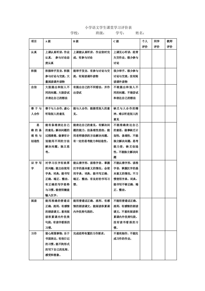 小学语文学生课堂学习评价表(权)