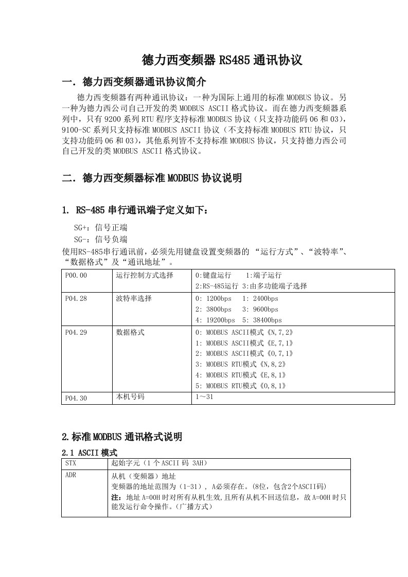 德力西变频器RS485通讯协议