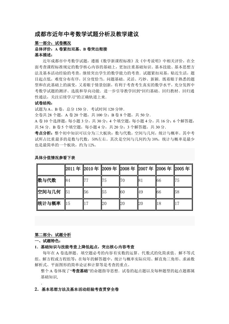 成都市中考数学试题分析