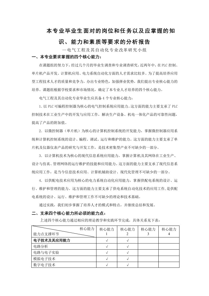 电气-应掌握的知识、能力和素质等要求的分析报告