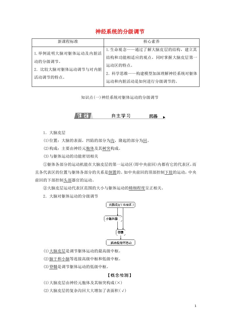 2021_2022年新教材高中生物第2章神经调节第4节神经系统的分级调节学案新人教版选择性必修1