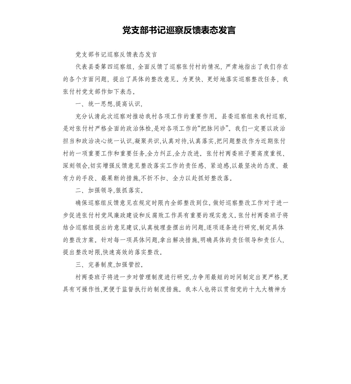 党支部书记巡察反馈表态发言