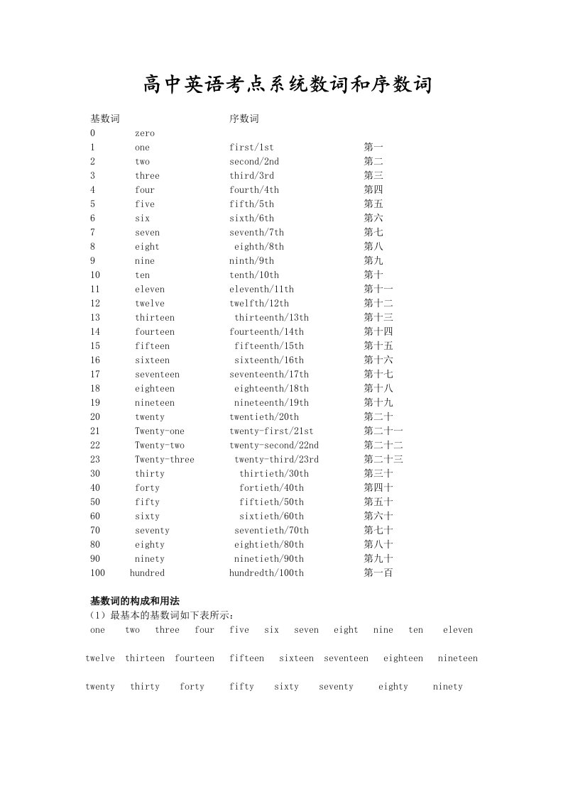 高中高考英语考点系统数词和序数词