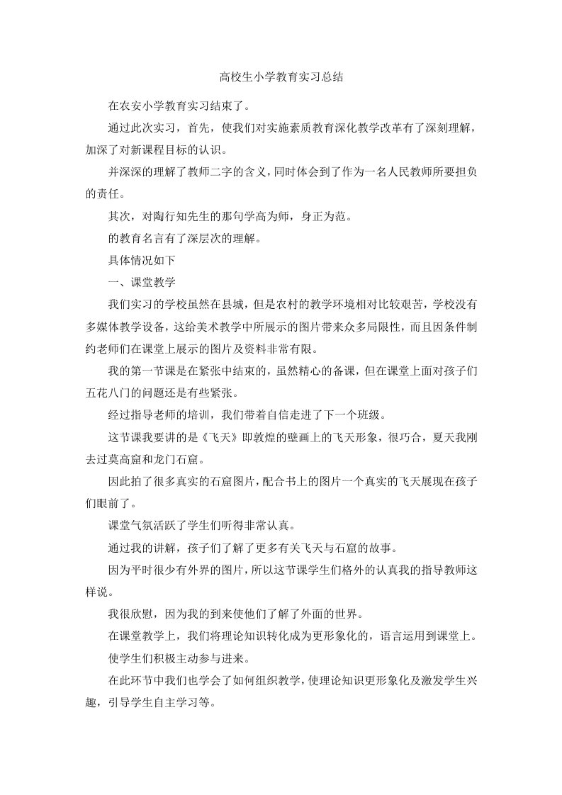 高校生小学教育实习总结