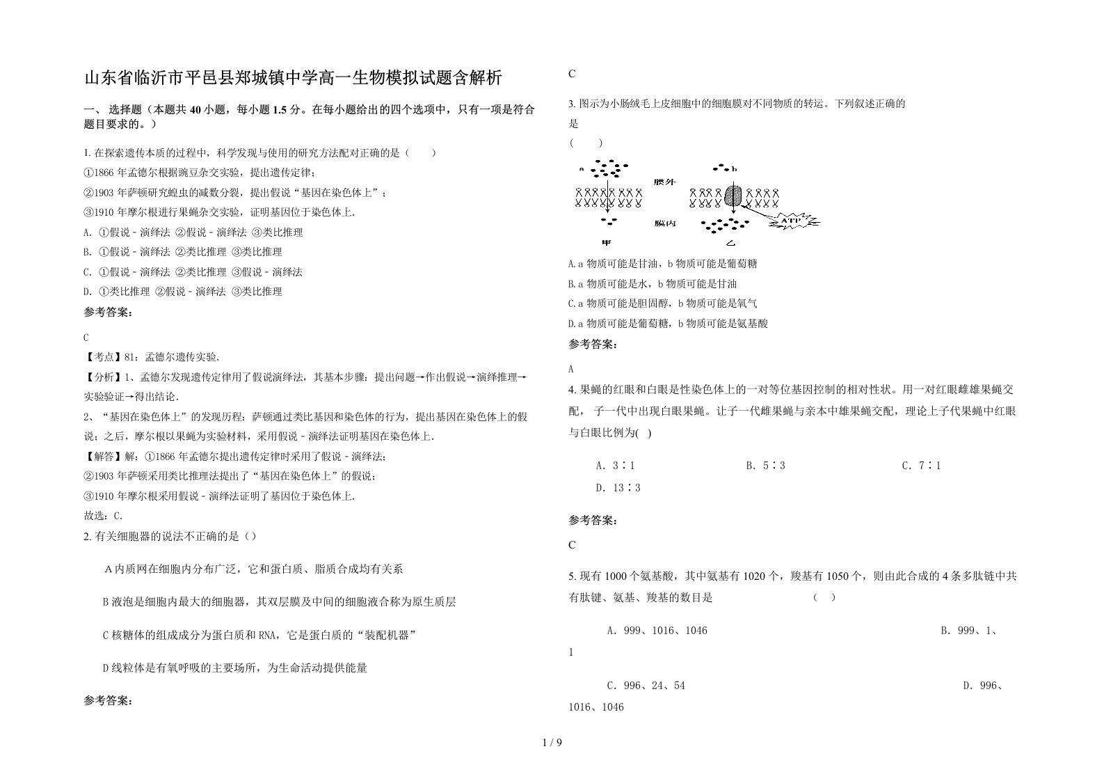 山东省临沂市平邑县郑城镇中学高一生物模拟试题含解析