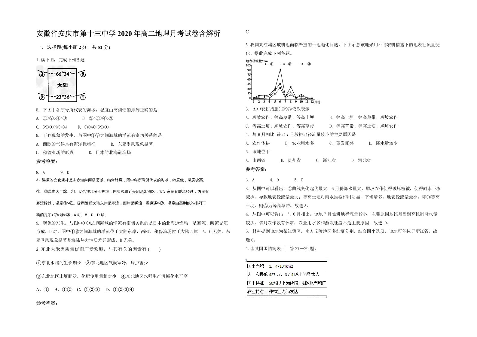 安徽省安庆市第十三中学2020年高二地理月考试卷含解析