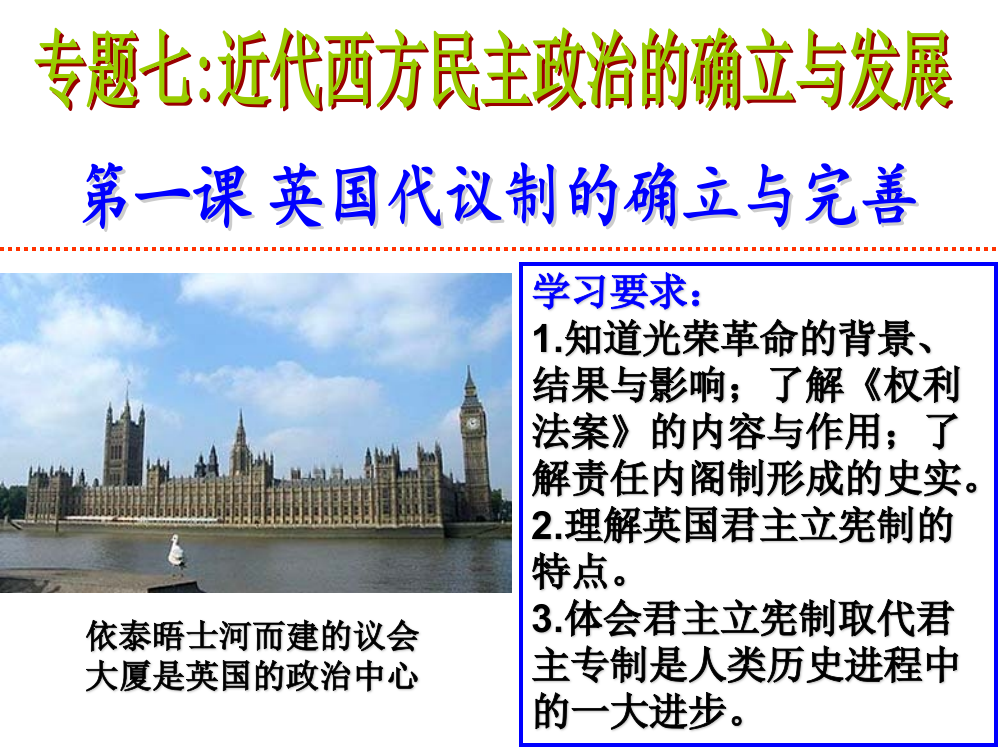 浙江省富阳市第二中学2012高一历史课件：《英国代议制的确立和完善》（人民版必修一）