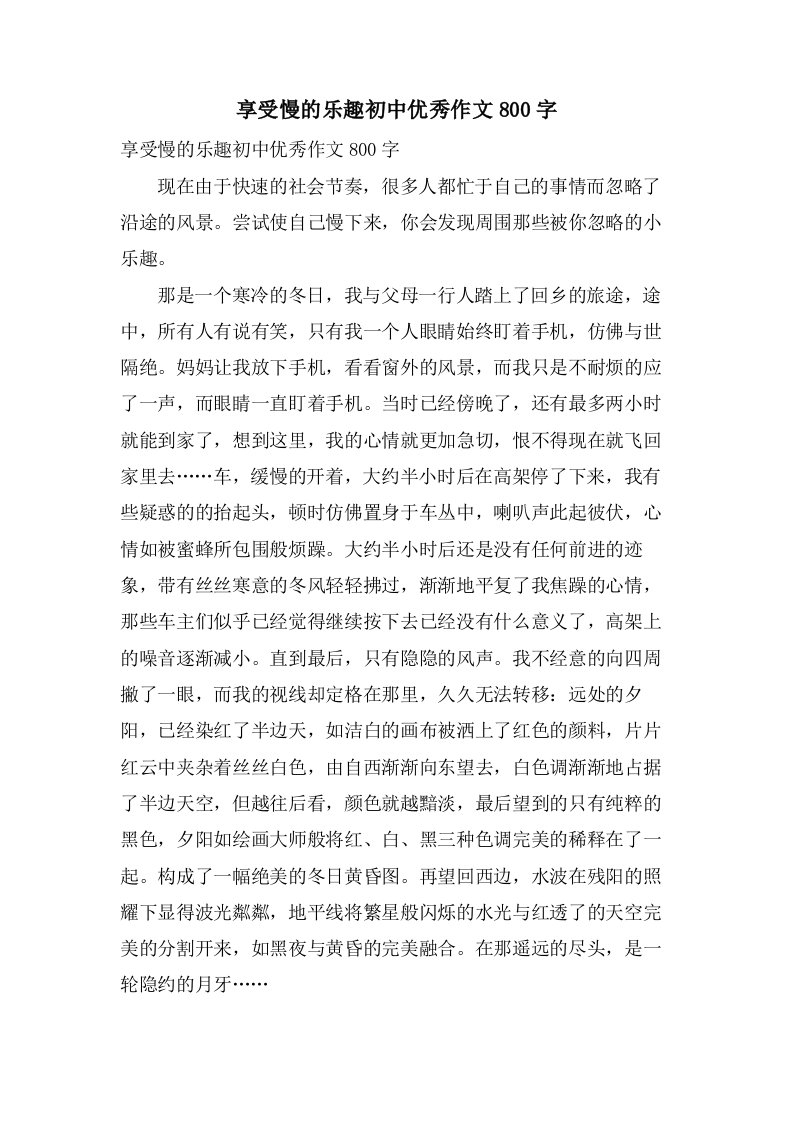 享受慢的乐趣初中优秀作文800字