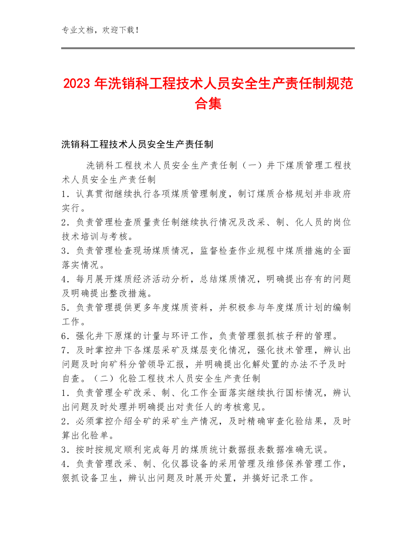 2023年洗销科工程技术人员安全生产责任制规范合集