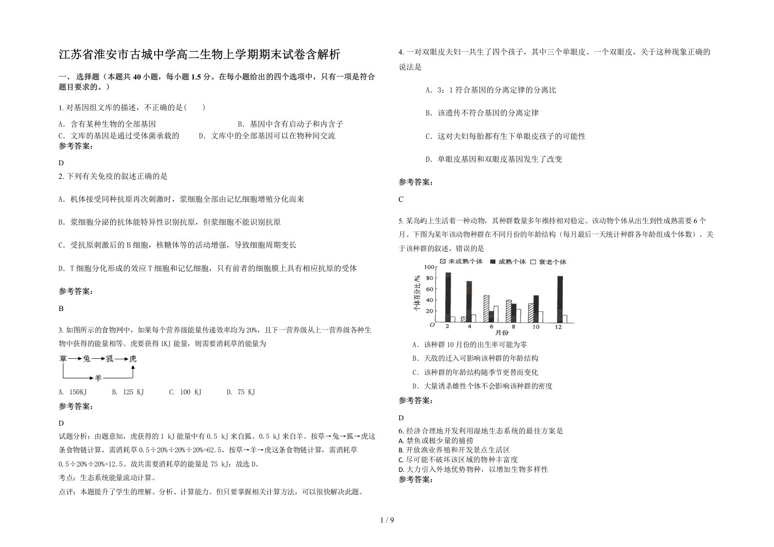 江苏省淮安市古城中学高二生物上学期期末试卷含解析