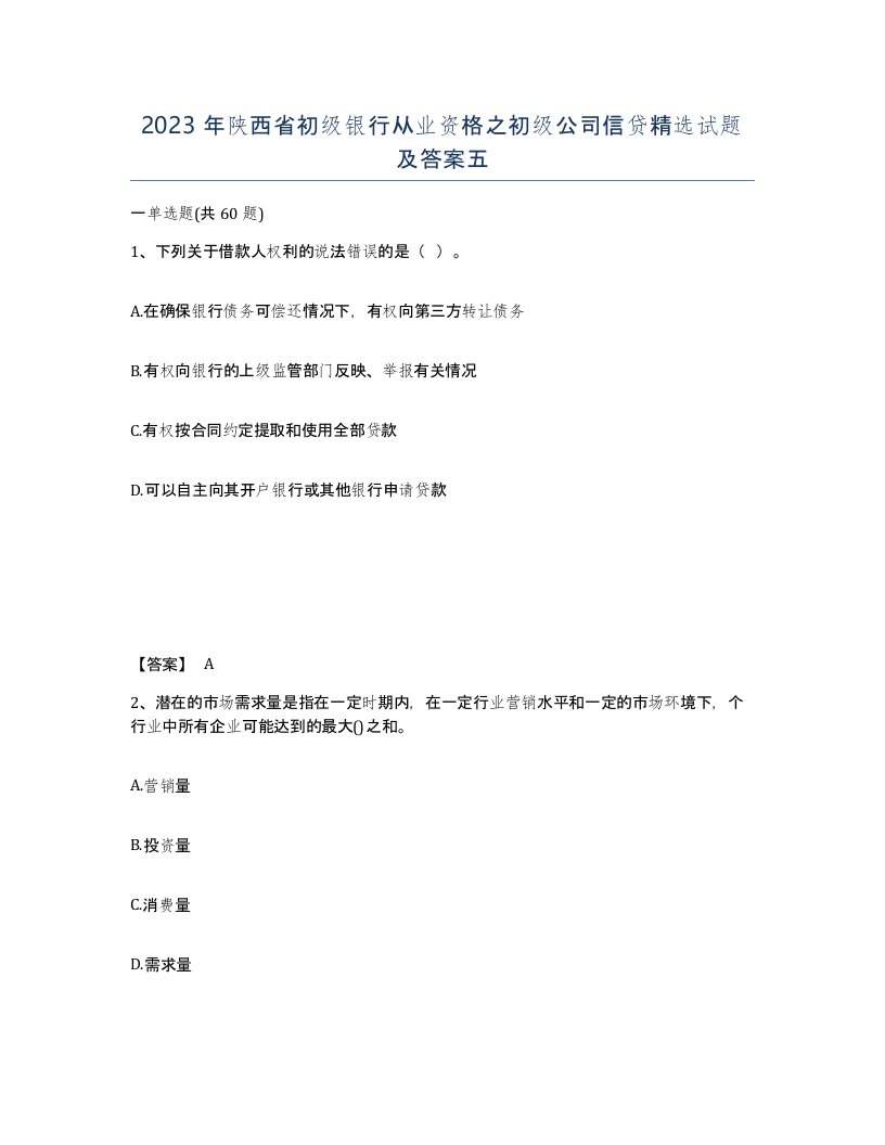 2023年陕西省初级银行从业资格之初级公司信贷试题及答案五