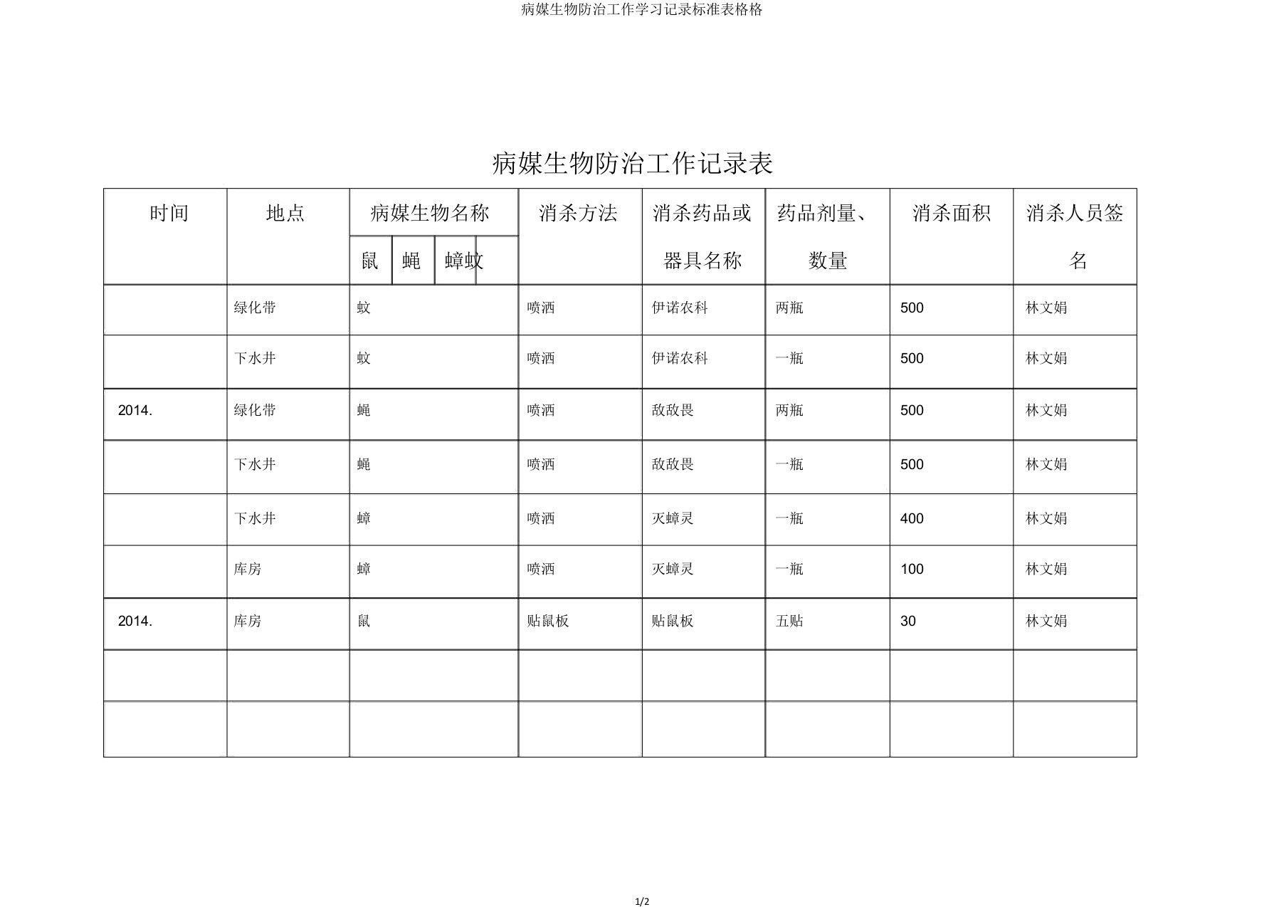 病媒生物防治工作记录表格