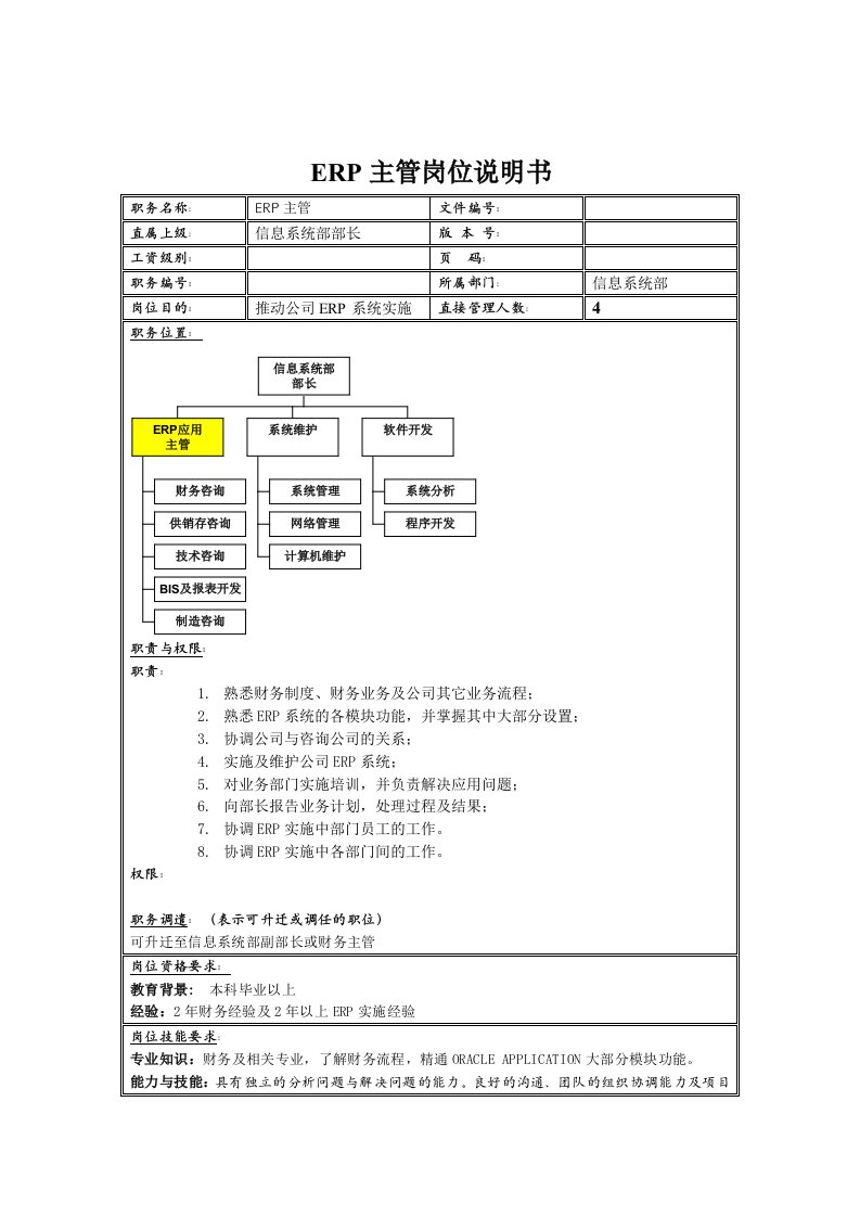 信息系统部ERP主管岗位职责