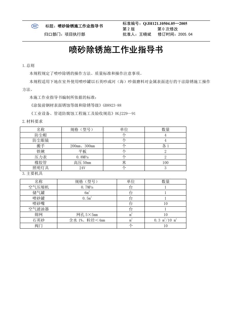 喷砂除锈施工作业指导书