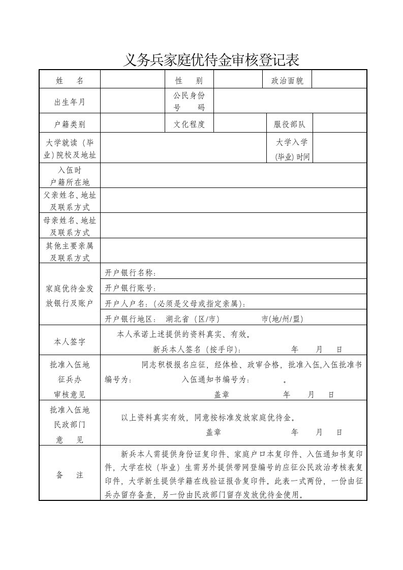 义务兵家庭优待金审核登记表