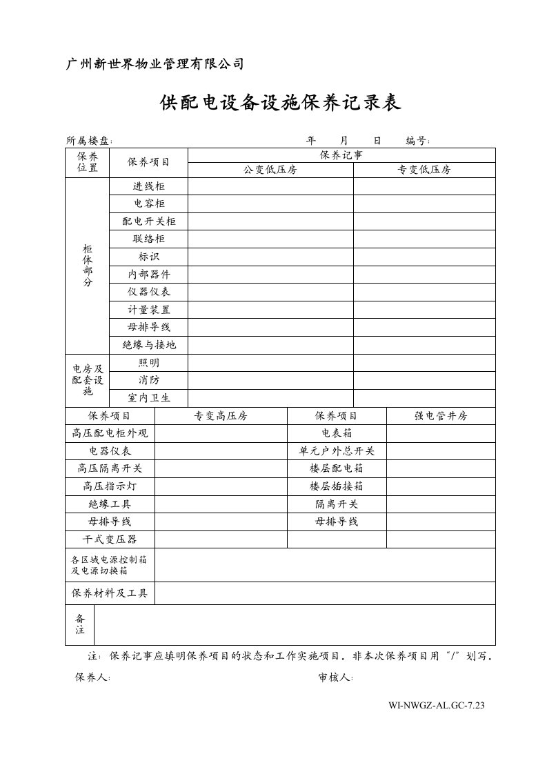 物业管理公司供配电设备设施保养记录表WI-NWGZ-ALG