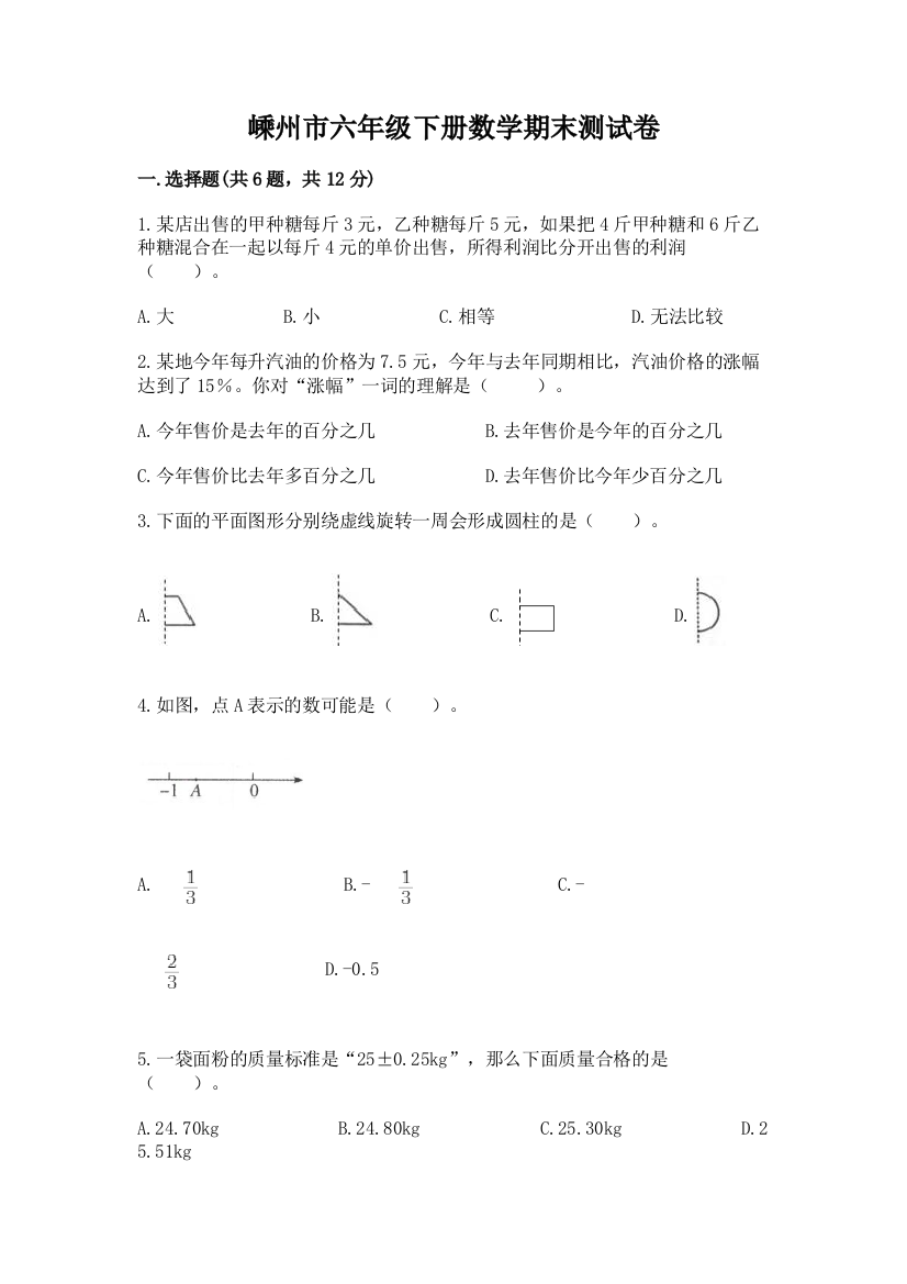 嵊州市六年级下册数学期末测试卷（含答案）