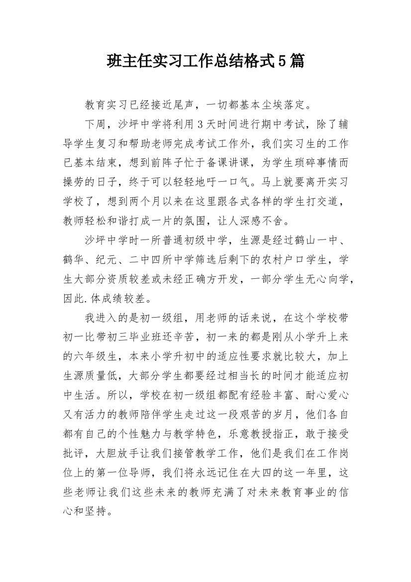 班主任实习工作总结格式5篇