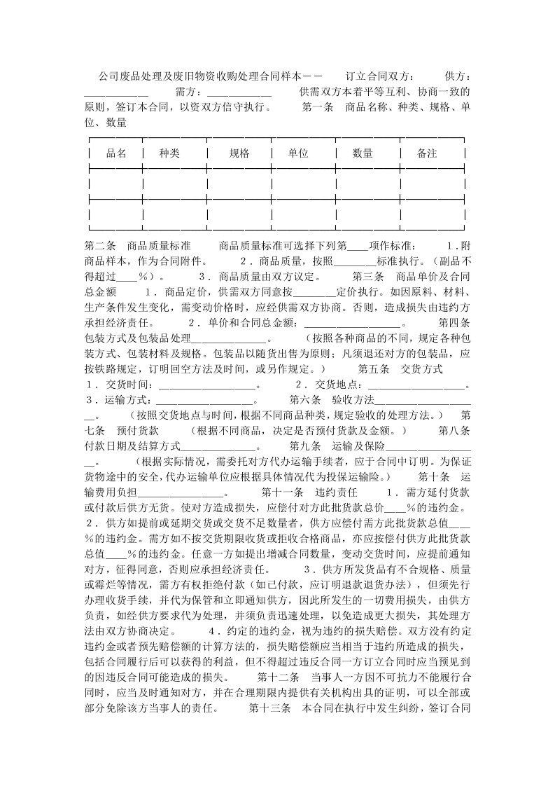 公司废品处理及废旧物资收购处理合同样