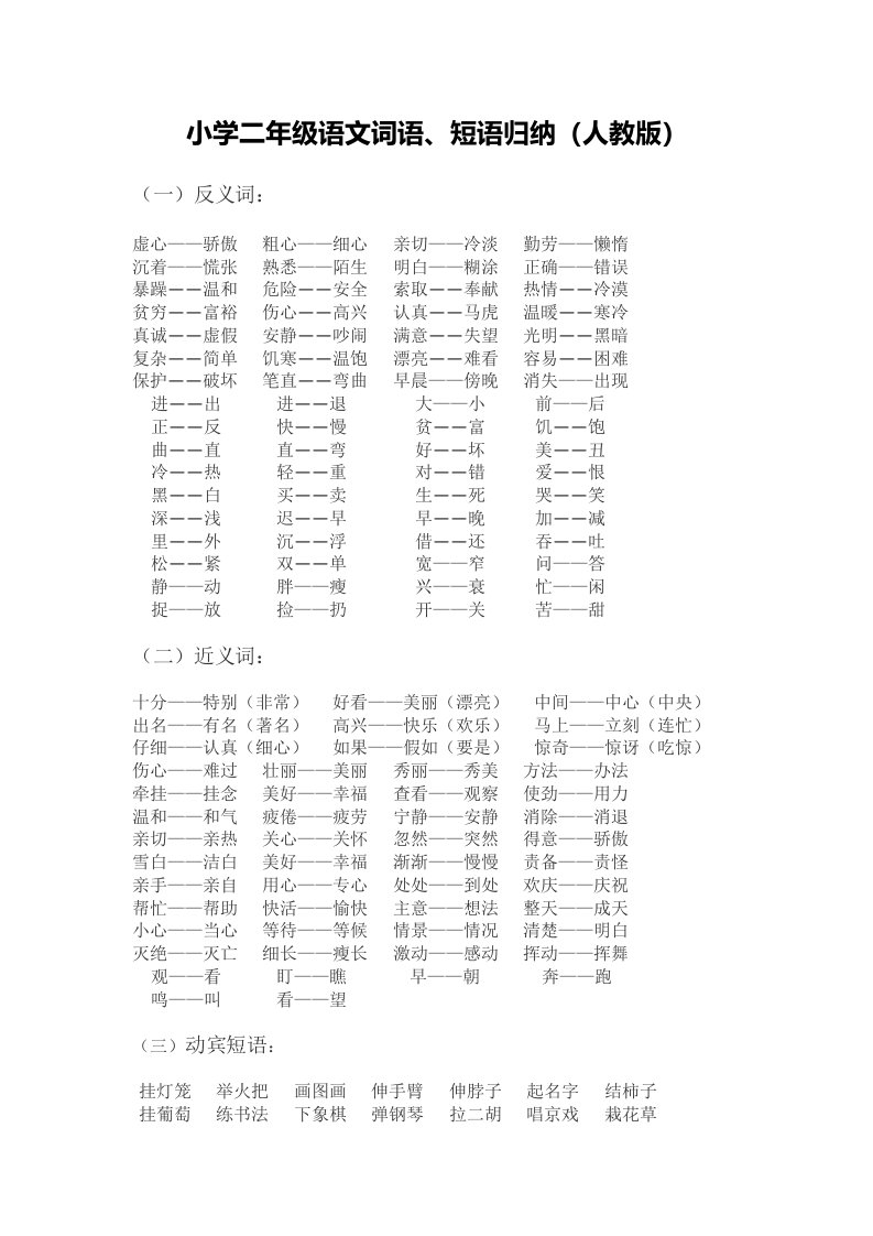 小学二年级语文词语、短语归纳(人教版)