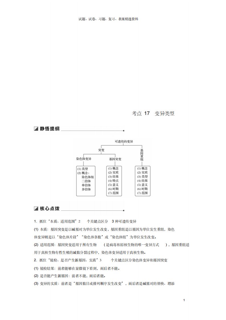 【精品】2019高考生物二轮复习专题六变异育种和进化考点17变异类型学案