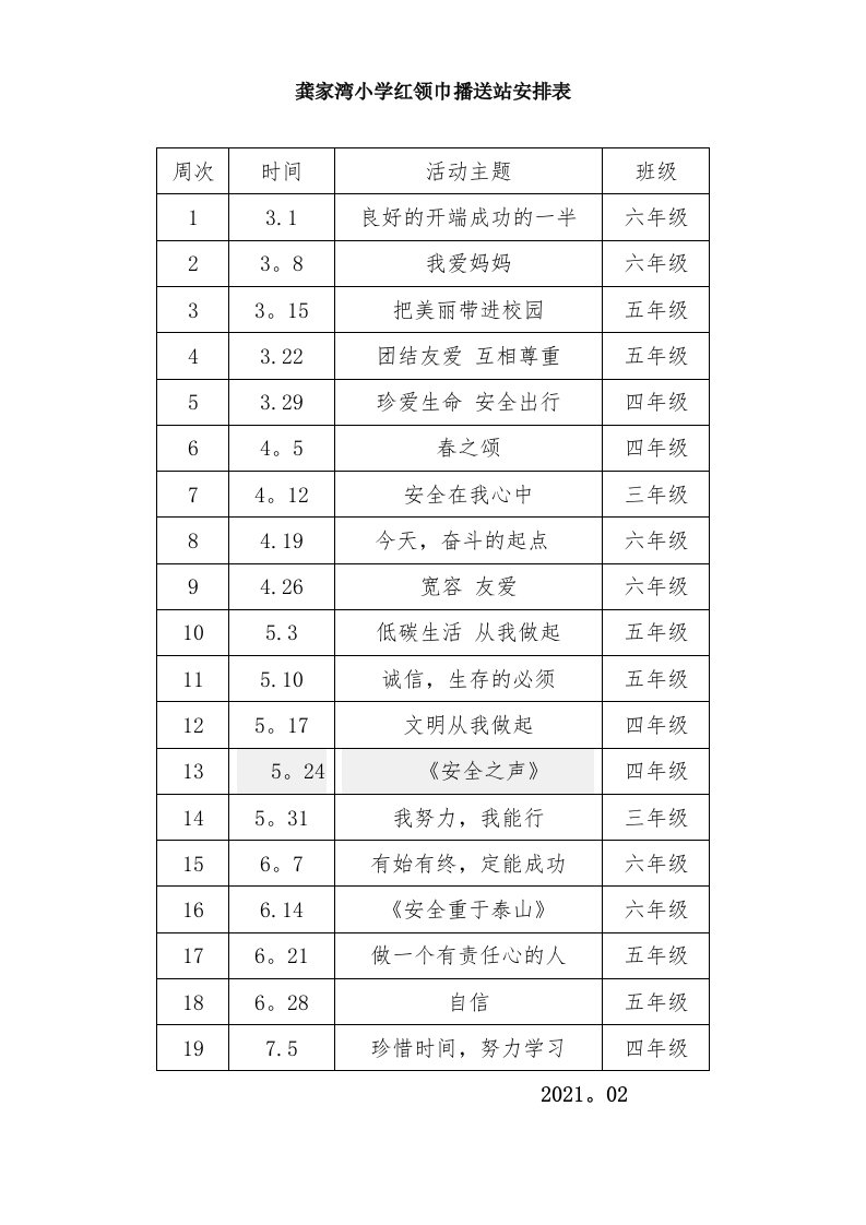 龚家湾小学红领巾广播站安排表