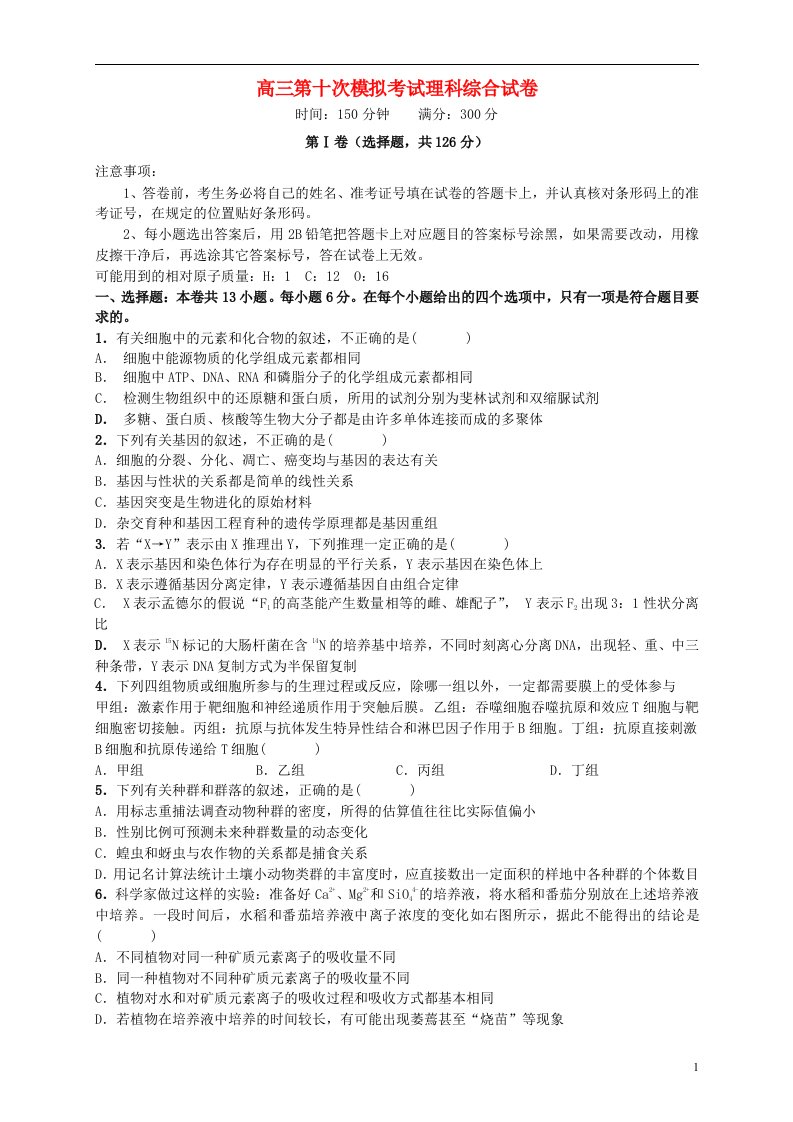 湖南省益阳市箴言中学高三理综第十次模拟考试题