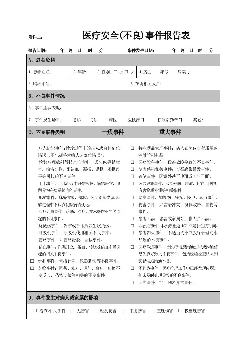 医疗安全事件报告表