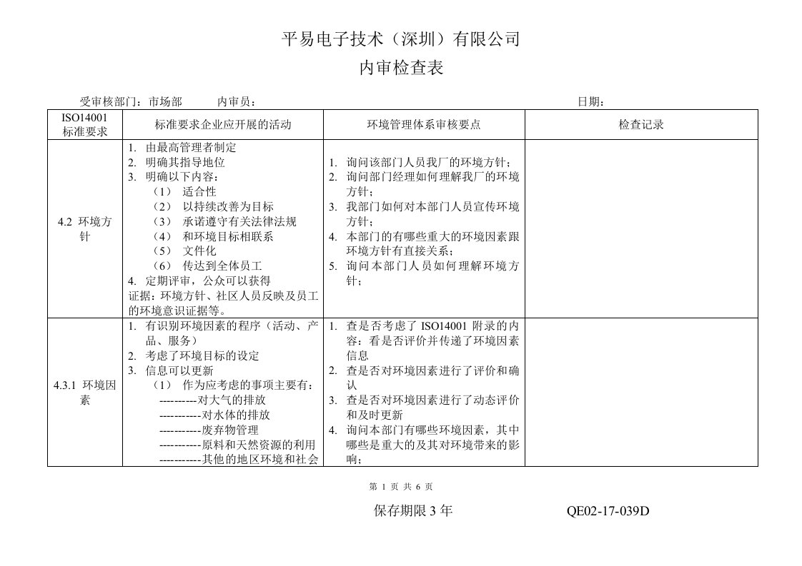 内审检查表市场部-销售管理