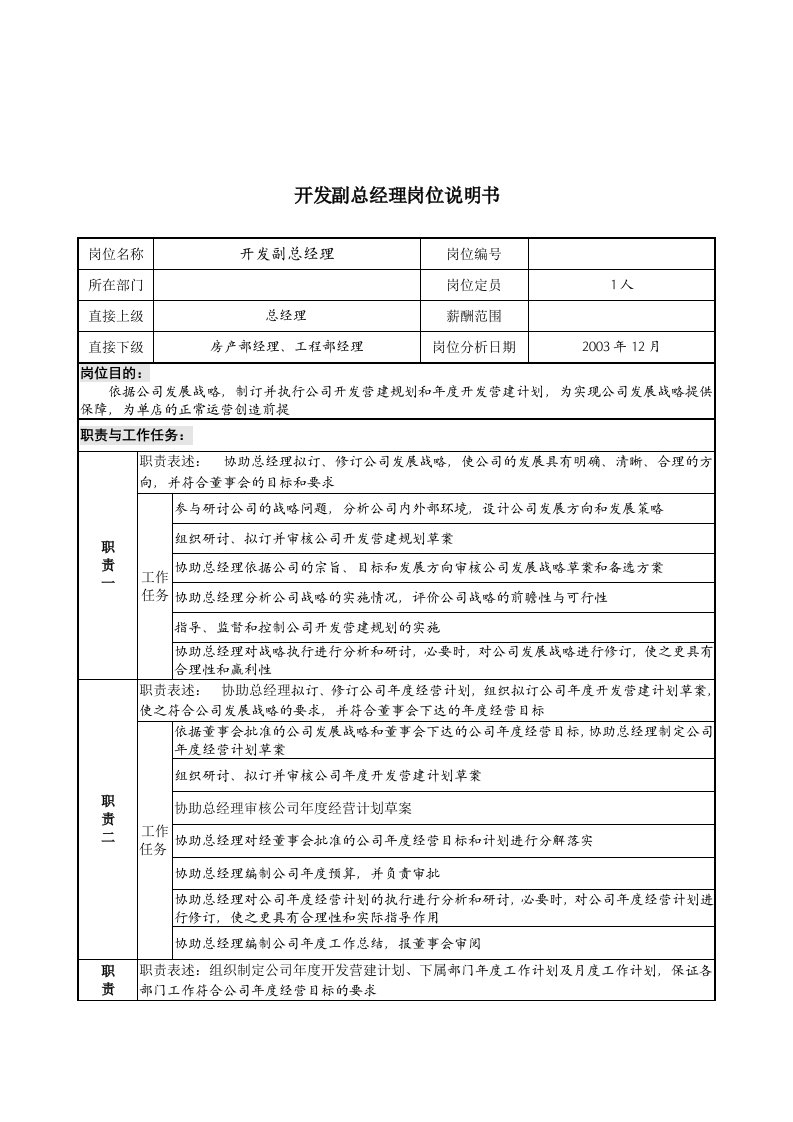 开发副总经理岗位说明书